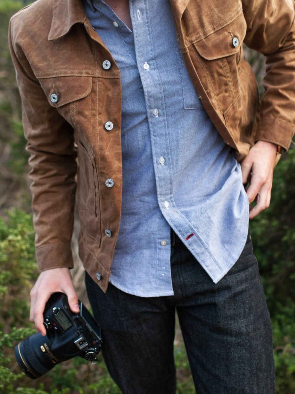 Waxed Brown Trucker lined with our Cobalt Check flannel from Japan